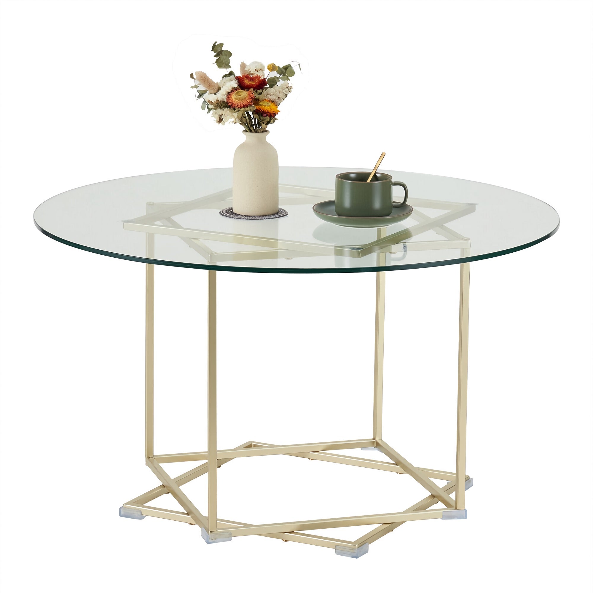 Round Glass Coffee Table, 80 cm Modern Clear Glass Table with Waterproof Tempered Glass, Gold Metal Frame for Home, Living Room, Bedroom - Ruke-CoffeeTable-FWS Round Glass Coffee Table, 80 cm Modern Clear Glass Table with Waterproof Tempered Glass, Gold Metal Frame for Home, Living Room, Bedroom - Ruke-CoffeeTable-FWS
